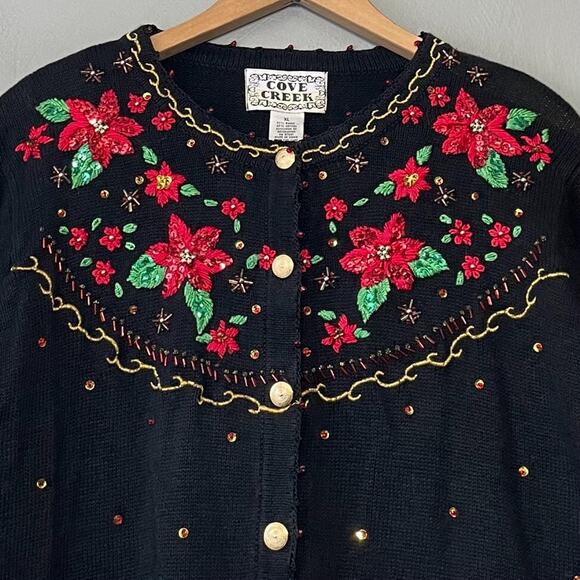 Cove Creek Size XL Black Embroidered Sequin Sweater Christmas Poinsettia Grandma - Picture 2 of 11
